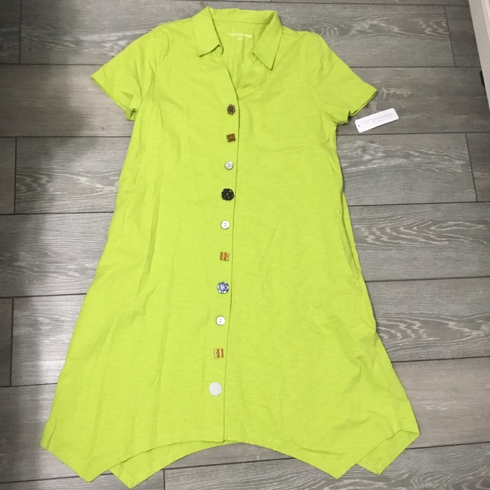 NWT SOFT SURROUNDINGS Danielle Lime Green Artsy Button Cotton Dress L